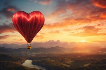 Obraz premium Red heart shaped hot air balloon flying over a green valley with river during sunset