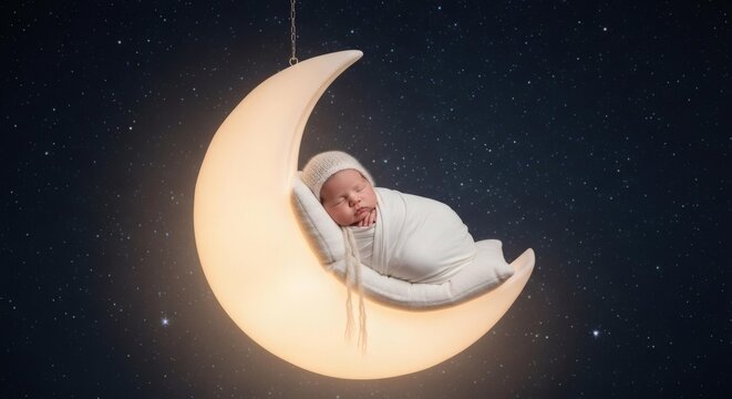 Dreamy baby peacefully sleeping in a crescent moon hammock under starry sky