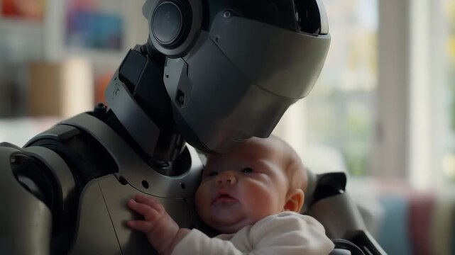 Humanoid robot holding baby close indoors in soft natural daylight