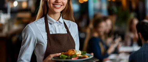 portrait of a beautiful, smiling young woman in an apron, holding a plate of food while standing at a restaurant table full of people