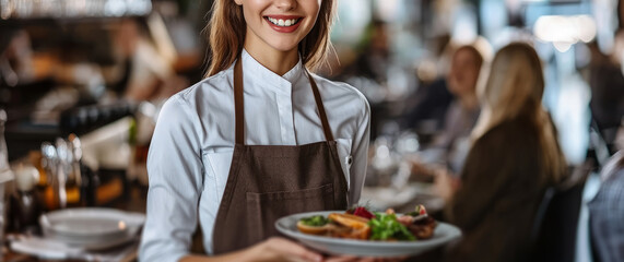 portrait of a beautiful, smiling young woman in an apron, holding a plate of food while standing at a restaurant table full of people