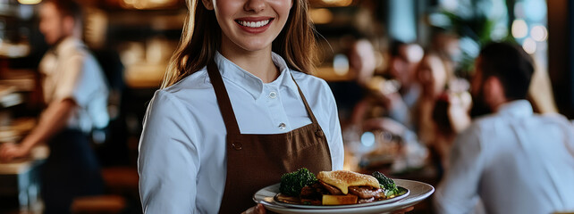 portrait of a beautiful, smiling young woman in an apron, holding a plate of food while standing at a restaurant table full of people