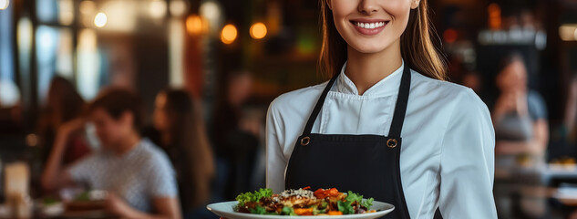 portrait of a beautiful, smiling young woman in an apron, holding a plate of food while standing at a restaurant table full of people