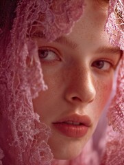 Female portrait. Delicate pink lace, translucent crochet textures, romantic Victorian-inspired