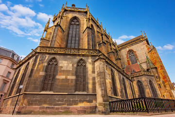 The Eglise Saint Martin Gothic church in Colmar showing detailed stone facade and medieval architectural style.