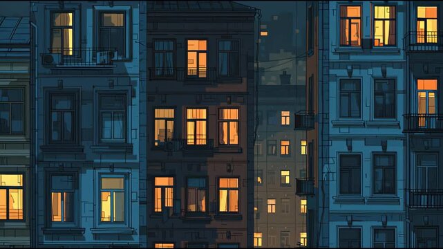 Animated city apartment buildings at dusk with warm lights glowing from windows