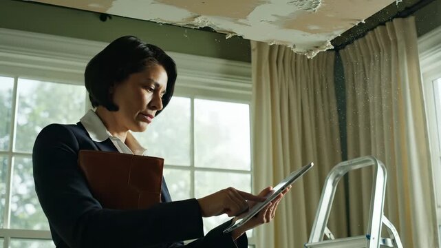 Woman inspector checks ceiling damage. Insurance claim process for home. Inspector uses tablet for water damage report. This home needs repair. Ceiling damage inspection for insurance claim.