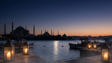 Cinematic Istanbul Night Skyline Across Water with Mosque Silhouettes, Moonlight Reflections, Copy Space Sky