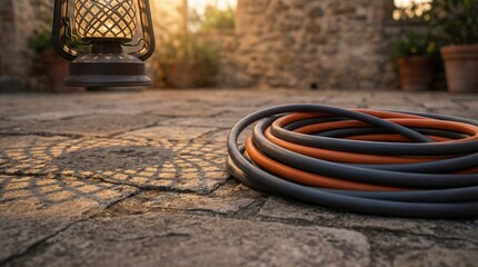 Ultra-Realistic EV Charging Cable Coil on Stone Surface with Subtle Lantern Shadow, Warm Dusk Copy Space