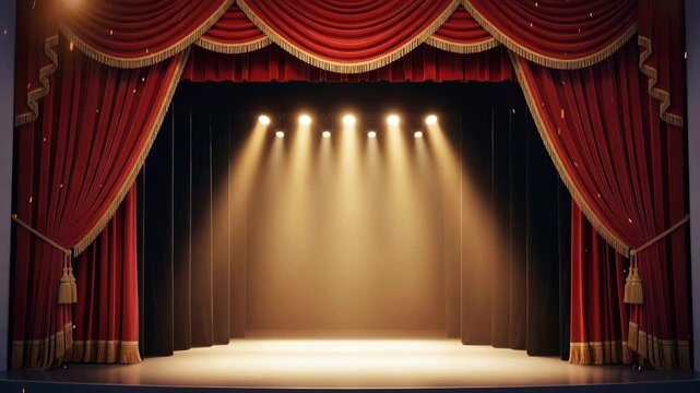 Empty theater stage with red curtains and bright spotlights