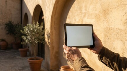 Ultra-Realistic Hands Holding Blank Tablet in Traditional Courtyard with Arch Shadows, Warm Daylight Copy Space