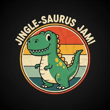 Cute cartoon green dinosaur character logo with jingle saurus jam retro text inside colorful circle flat design illustration
