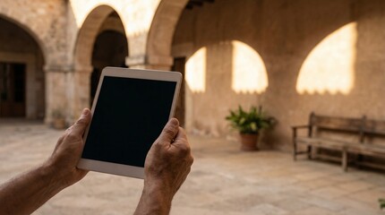 Ultra-Realistic Hands Holding Blank Tablet in Traditional Courtyard with Arch Shadows, Warm Daylight Copy Space