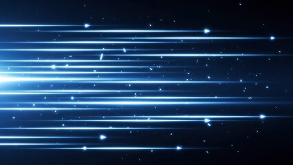 Abstract blue glowing lines and particles moving rapidly across a dark background, symbolizing data transfer, speed, and technology.