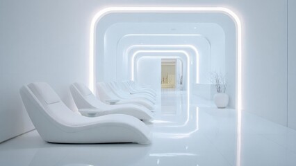Fototapeta premium A futuristic white lounge with curved white chairs lined along a glowing tunnel of rounded arch frames. Concept Futuristic white lounge design, Curved white chairs and seating