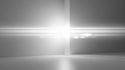 Abstract grey and white background with bright light rays and lens flares, creating a modern and futuristic empty room or studio space.