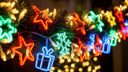 Vibrant Christmas lights in star, snowflake, and gift shapes illuminate a festive garland, creating a warm, magical holiday atmosphere.