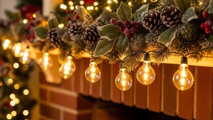Cozy Christmas garland with glowing Edison bulb lights, frosted berries, and pinecones over a brick fireplace, creating a warm holiday atmosphere.