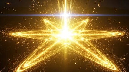 Dazzling golden light explosion forming a star shape with glowing sparks and trails on a dark background, creating a dynamic abstract effect.