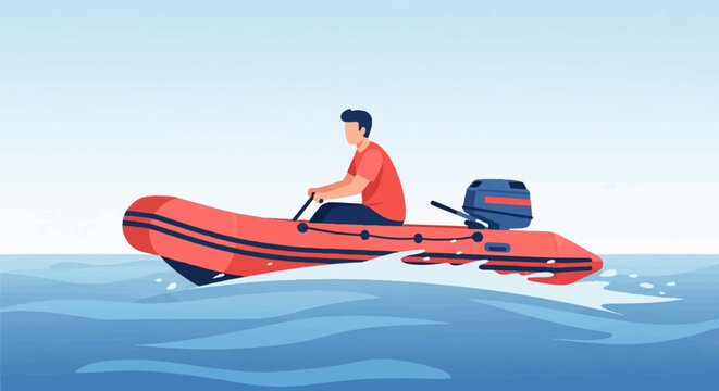 Man in red shirt driving red inflatable boat with outboard motor on water