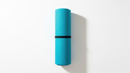 A vibrant turquoise yoga mat, rolled and secured with a black strap, on a clean white background. Perfect for fitness and wellness.