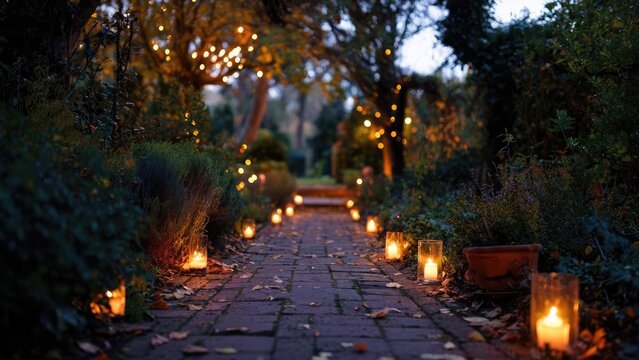 A serene garden path at dusk, lined with glowing candles in glass jars along a brick walkway. Concept Candlelit garden path at dusk, Glass jar candles along a brick walkway