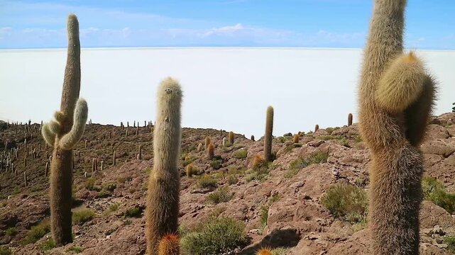 Footage of vast salt flats of Salar de Uyuni view from Isla Incahuasi rocky outcrop filled with large Trichocereus Pasacana cactus, Bolivia, South America