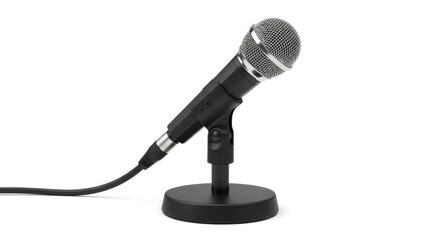 Professional dynamic microphone on a stand with a cable, isolated on a clean white background. Ideal for recording, broadcasting, and live events.