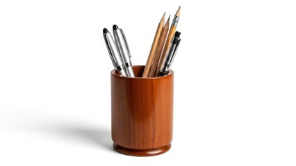 Classic wooden desk organizer filled with an assortment of sharp pencils and sleek silver pens, isolated on a clean white background.