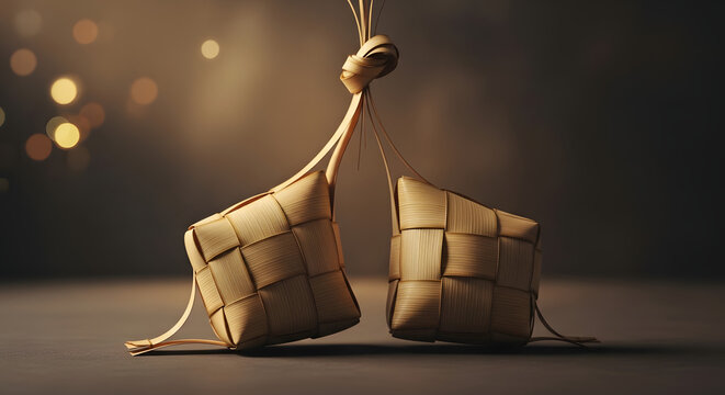 Aesthetic Two Ketupat with Warm Dim Light Background for Ramadan and Eid Celebration