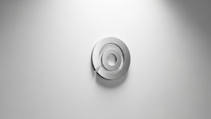 A sleek, brushed metallic circular symbol with concentric rings casts a subtle shadow on a minimalist white background, embodying modern design.