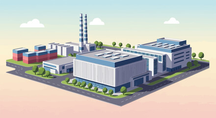 Isometric view of a modern industrial complex with multiple buildings and smokestacks