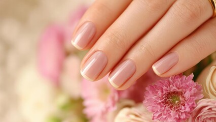 Fototapeta premium Classic French manicure with pale pink base and white tips beside pink flowers. Concept Classic French manicure, Pale pink base, White tips, Pink flowers, Elegant nails