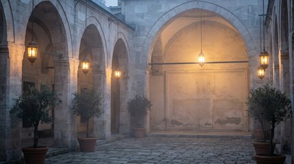 Istanbul-Inspired Courtyard with Arches, Warm Hanging Lanterns and Headline Copy Space Wall