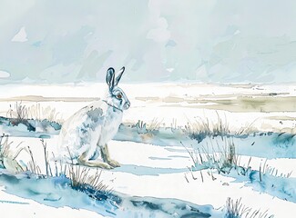Arctic Hare in Winter Landscape