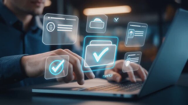 Business professional using laptop with glowing holographic checkmark icons, digital approval workflow, data verification, modern office, cybersecurity and automation concept, realistic lighting, futu