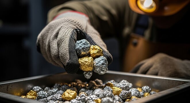 Worker Holding Gold and Silver Nuggets