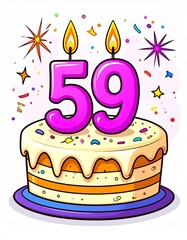 Cartoon birthday cake with number 59 candle. Illustration for birthday or anniversary celebration