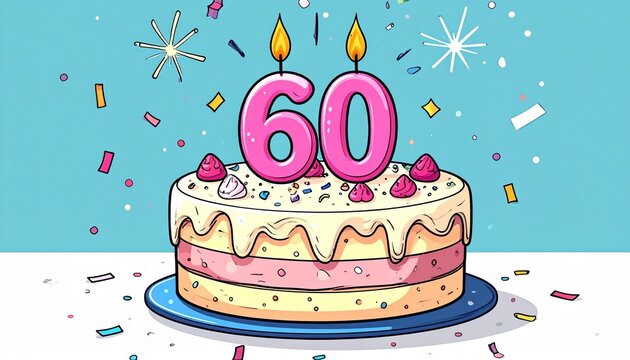 Cartoon birthday cake with number 60 candle. Illustration for birthday or anniversary celebration