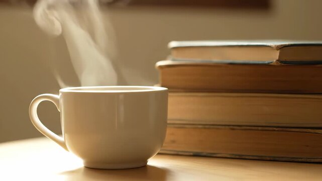 A warm steaming beverage in a cup sits next to old books
