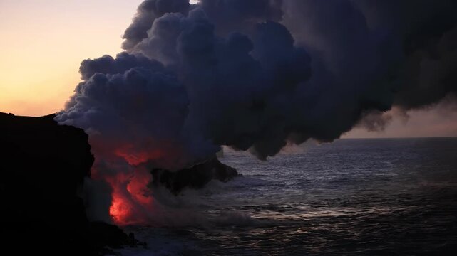 Dramatic volcanic lava flow entering the ocean on the Big Island of Hawaii. Glowing molten lava meets seawater, creating intense steam clouds and fiery red light against a dark coastal landscape.