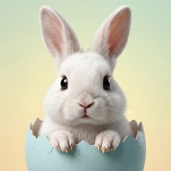 Cute white bunny with big ears peeking out of a cracked blue Easter egg, set against a soft, gradient pastel background