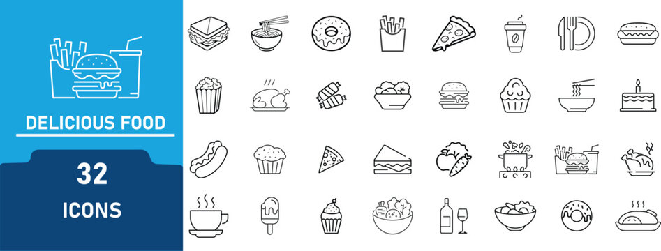 Delicious Food Line Art Icon Set. Contains icon related to  Fast Food, Desserts, Drinks, Bakery, Snacks and Restaurant Menu Items. Editable Stroke Outline Icons. Vector Illustration