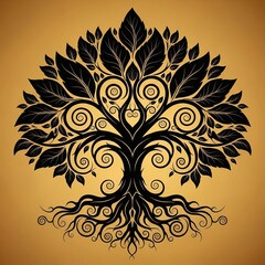 Obraz premium Intricate flat vector tree of life symbol with swirling roots and leaves in black and white contrast design