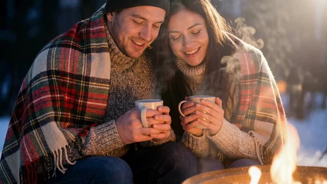 Happy young couple wrapped in a plaid blanket drinking hot tea near a campfire in winter. Man and woman warming up with coffee mugs in a snowy forest. Winter lifestyle and camping concept