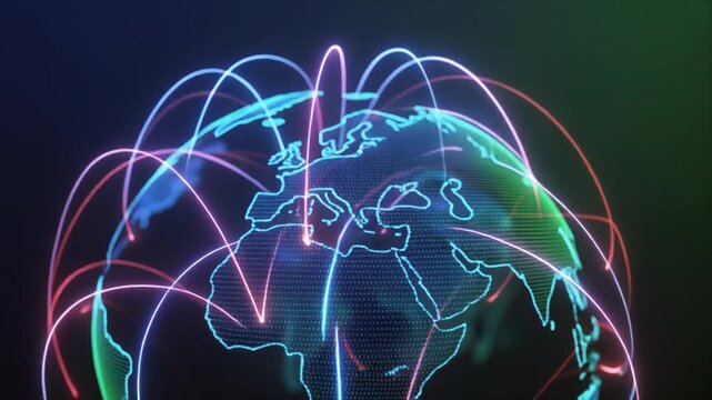 Glowing neon world map with interconnected lines on dark background