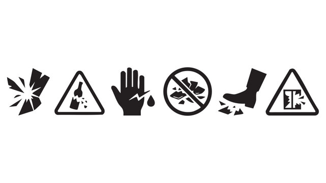 Set of black broken glass warning, sharp edges, broken bottle, bleeding hand, no littering, falling debris, fragile material signs