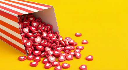 Popcorn box with heart icons on yellow background