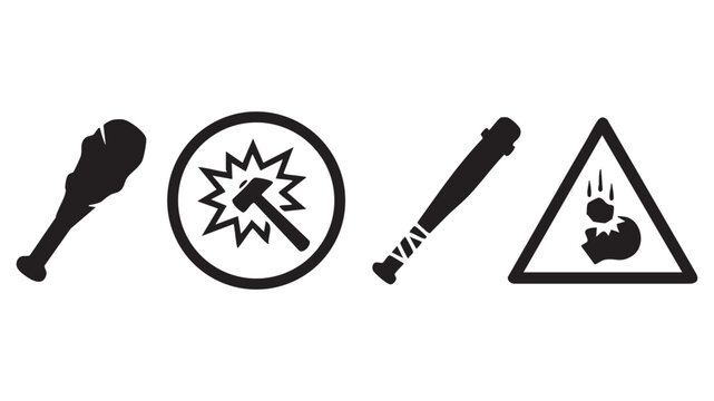 Blunt force impact icons featuring club hammer baseball bat and falling rock