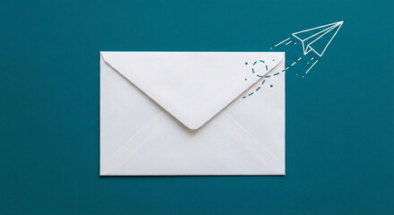 White envelope with paper plane icon on dark teal background